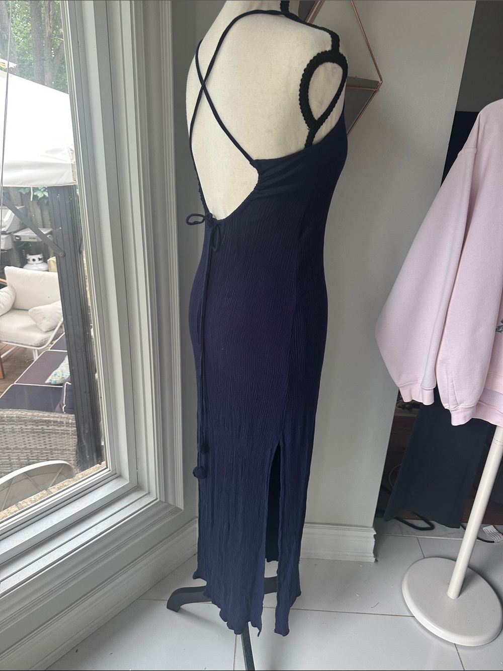 SUNDARA Navy Blue Ribbed Maxi Dress Low Back Beach Swim Cotton Coverup Small Med